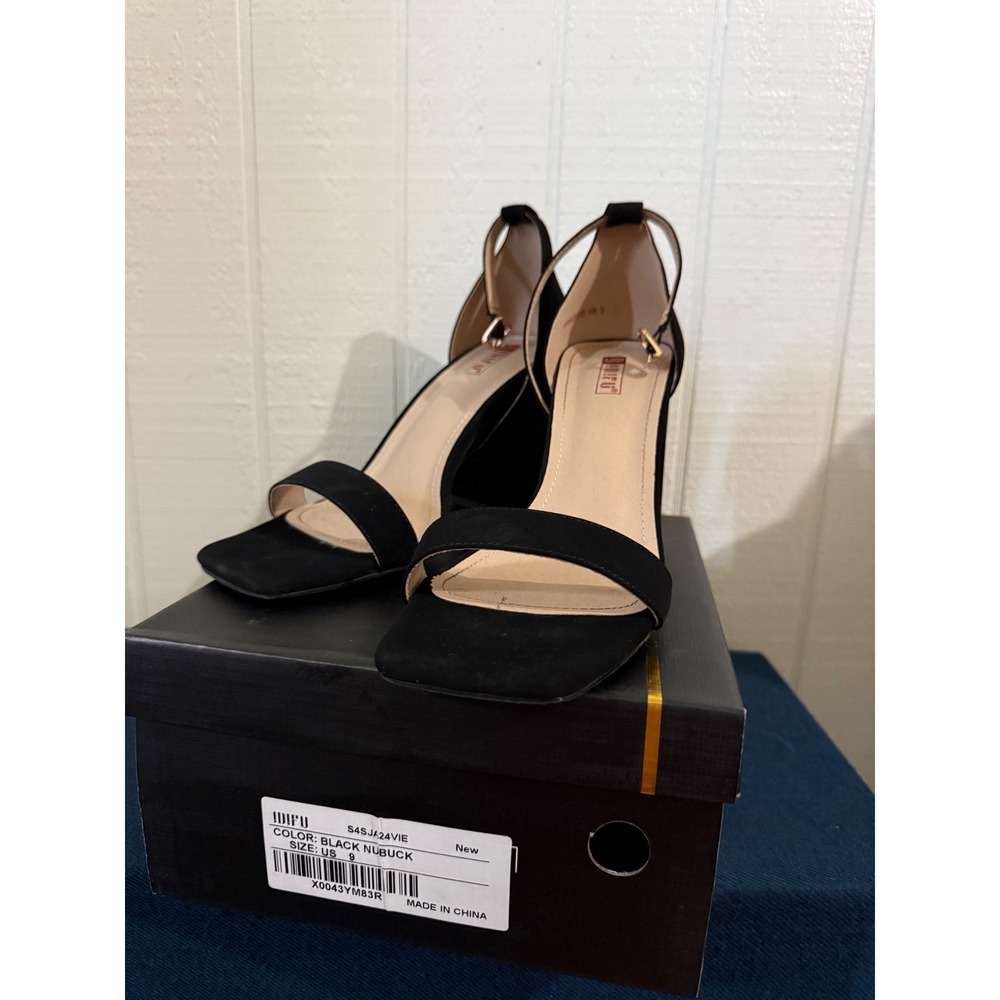 IDIFU Black Nubuck Block Heel Sandals Square Toe Ankle Strap Dress Shoes Size 9